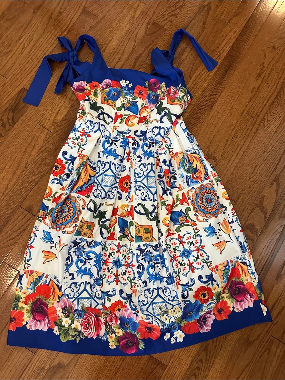 Blue & White Floral Tile-Print Tie-Strap Sundress